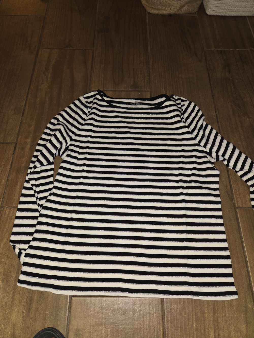 Talbots Black, White And Silver Striped Crewneck Sweater